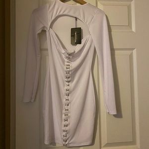 White Long Sleeve Bust Cut Out Hook Bodycon Dress